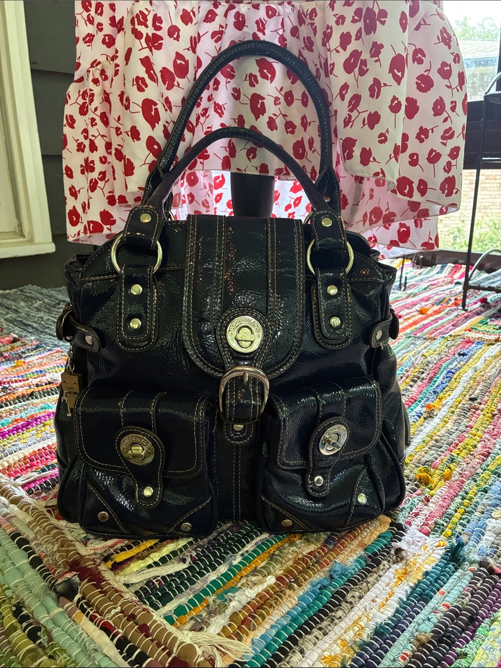Blue Simulated Leather Tote Handbag with Front Pockets